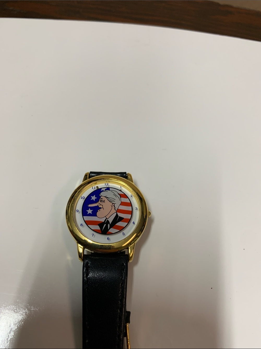 Clinton Gold-Tone Men's Watch with Black Leather Strap and Patriotic Dial